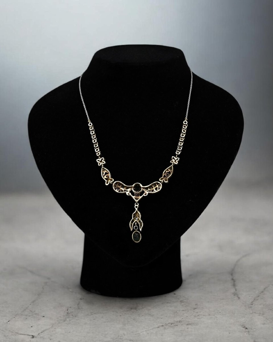 Collana In Argento, Oro, Rose Di Diamanti Con Pendente in Smeraldo - Italia Inizio XX Secolo-photo-2